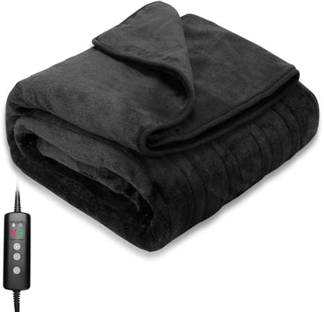 PROALLER Heizdecke 160x130CM, 10 Stufen & 1-9H Timer Auto-Aus, Maschinengängig, Weiches Flanell-Sherpa, Sofasitzkissen Bett Büro Verwendung, Heizdecke mit Abschaltautomatik，Schwarz