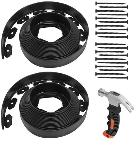 HEIYUET 2 Stück 10m Flexible Rasenkante Kunststoff, 5cm Höhe Garten Beeteinfassung mit 60 Erdanker und Hammer, Kunststoff Beetumrandung Schwarz für Rasenabgrenzung