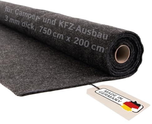 Camper Filz Meterware ohne Kleber, flexibler Nadelfilz für Camper Ausbau & Auto Innenverkleidung, 3 mm dick – Made in Germany, anthrazit, 750 cm x 200 cm