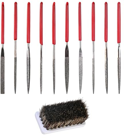 Kaiyzo Set Lime Aghi Diamante, 10 Pezzi 2 x 100 mm Lime Mini Rotonde Precisione, Strumenti di Finitura per Metallo Legno Plastica Gioielli, Include Spazzola Senza Manico a Setole Nere, Diamante