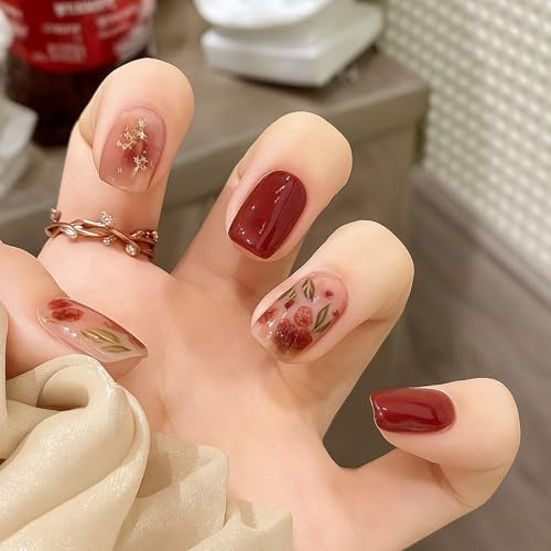 Short Press-On False Nails, Cranberry Red Floral And Star Designs, Glossy | Transparent Nude Tips, Green Leaf And Gold-Toned Details, Short Square Shape, For Daily Manicures, Work, Trips And Events
