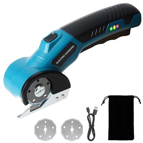 Ciseaux Electrique Tissu Couture 4.2V, Ciseaux Electrique 320 tr/min, Avec 2 Lames et LED, Cutter Rotatif Couture pour Tissu, plastique, cuir, carton, moquette, boîtes