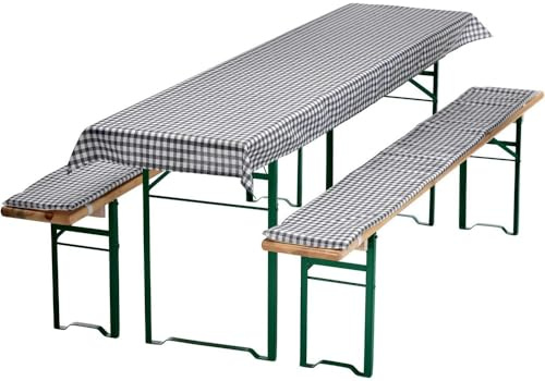 Waidmeister Bierbankauflagen Set 3 teilig - Auflagen für Bierzeltgarnitur - 1 Tischdecke 240x90 cm für Biertisch & 2 Bankauflagen gepolstert 220x25 - Farbe: Karo Grau