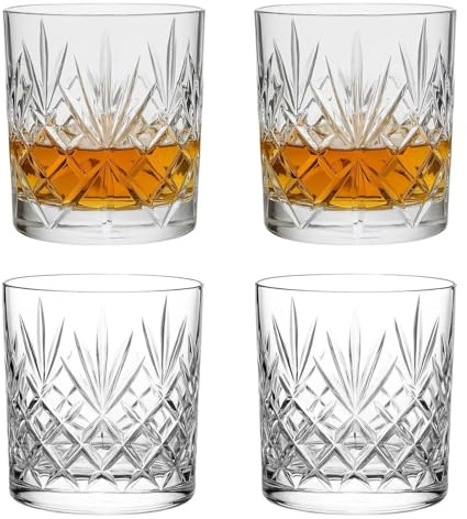UNIQUE HOME LIVING Whiskey Glasses Set of 4 Vintage Whisky Tumblers 340ml Old Fashioned Drinking Glasses Clear Cut Glass Cups for Bourbon Brandy Rum Cocktail Glassware Barware Home Bar Party Men Gift