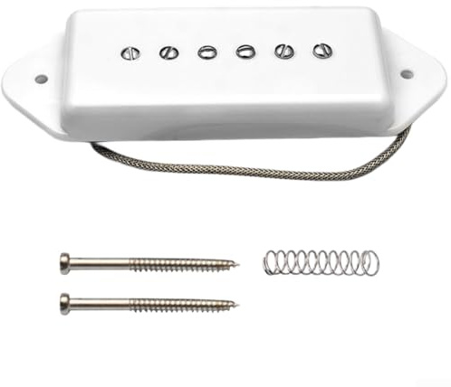 Alnico 2 Micro de guitare vintage P90 à bobine simple avec vis de pôles réglables, son chaud pour le cou et le chevalet, boîtier en plastique classique avec plaque de base en laiton (pont blanc)