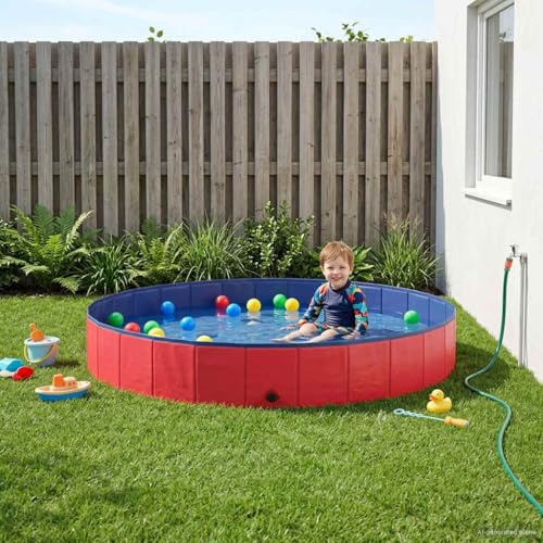 LoogCape Children's Swimming Pool Red Diameter 200 x 30 cm with Sturdy PVC Foldable for Garden Patio Outdoor Summer Includes Filter Pump Easy to Carry and Store