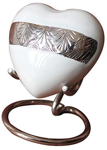 UrnsWithLove pequeña de Recuerdo para Cenizas con Tapa Mejorada, Mini urna Conmemorativa de corazón con Caja y Soporte, Color Blanco y Plateado, Medium