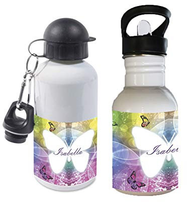Trinkflasche mit Name/wahlweise 400ml, 500ml oder 600ml + Schriftwahl für Name + Edelstahl oder Aluminium (Schmetterling)