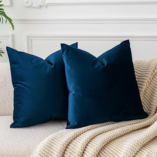 JUSPURBET Marineblau Samt-Kissenbezüge 65cmx65cm 2er-Set für Wohnzimmer Couch Sofa Schlafzimmer Dekorative Quadratische Feste Weiche Kissenhüllen mit unsichtbarem Reißverschluss