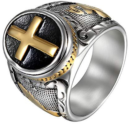 JewelryWe Schmuck Herren-Ring Edelstahl Retro Christian Heilig Kreuz Gebet Ring Bandring Gold Schwarz Silber, Größe 74