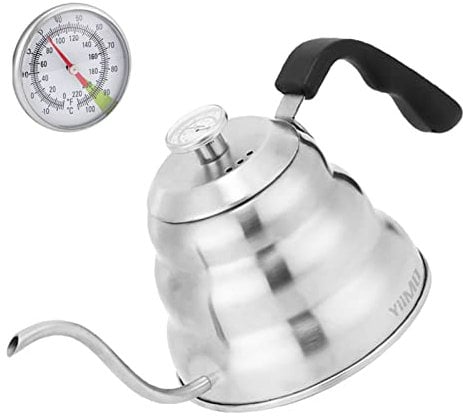 YiiMO Wasserkocher Schwanenhals max 1000 ml mit Thermometer, Wasserkessel mit Langer Auslauf für Induktion Ceran und Elektroherd, Kaffeekanne Edelstahl Pour Over Handtropfkessel für Kaffee und Tee