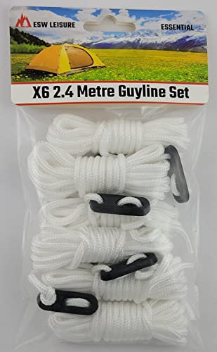 ESW LEISURE Guyline Ropes 6 Pack Tents Awning Camping Strong Lightweight Paracord Guy Rope With Tensioner Guy Lines Fishing Umbrella Shelter Bivvy Caravan Gazebo Tarp (White, 2.4 Metre 6 Pack)