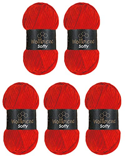 Wollbiene Softy 5 x 100 Gramm chenille wolle zum häkeln Strickwolle, Babywolle, 500 Gramm Chenille Wolle Super Bulky crochet yarn (rot 09)
