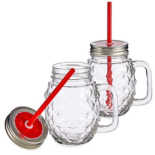 MamboCat 2er Set Trinkgläser mit Deckel Strohhalm & Henkel I 480ml Trinkbecher in Ananas-Form mit rotem Strohhalm für Cocktails Säfte Smoothies UVM I Glas mit Trinkhalm & Schraubverschluss
