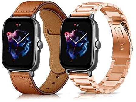 MiRowy 2 Stück 20mm Armband für Amazfit Active 2/Active/GTS 4/GTS 4 Mini/GTS 3/GTS 2 Mini/GTS 2, Metall+Leder Ersatzarmband für Amazfit GTR Mini/GTR 42mm/Bip 3/Bip 3 Pro/Bip/Bip S - Braun+Rotgold