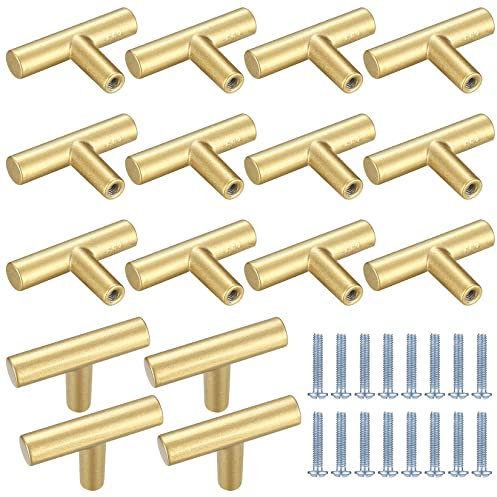 Kigniote 16PCS Cabinet T Bar Handle Gold Drawer Handles Cupboard Knobs, Stainless Steel Kitchen Knobs Metal Drawer Pulls(Screws Included)