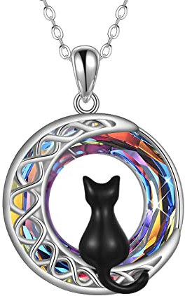 POPLYKE Schwarze Katze Kette für Frauen Mädchen Sterlingsilber Keltischer Mond Rot Kristall Anhänger (Kristall 2)