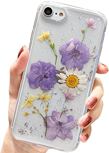 AMART für iPhone SE 2022/SE 2020/iPhone 7/8 Hülle Blumen, Durchsichtig Echte Getrocknete Blumen HandyHülle Klare Gänseblümchen Glitzer Design Weich TPU Schutzhülle für Frauen Mädchen(3 Blaue Blumen)