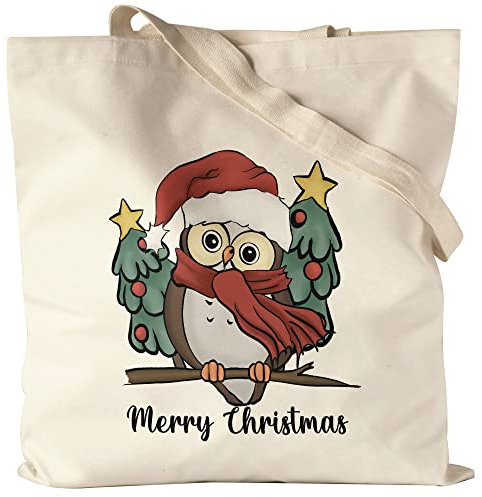Hey!Print Merry Christmas Jutebeutel Stoffbeutel Geschenkidee Eule-Fans Süßes Motiv für Weihnachten für Familie Freunde