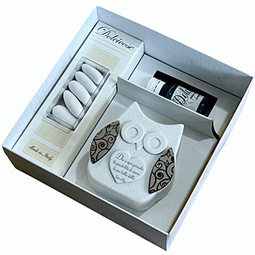 Regalami.Shop Bomboniera Gufetto in Marmo e Legno Completo di Scatola, Confetti, Essenza, Nastro e Bigliettino Personalizzato (Piccolo)