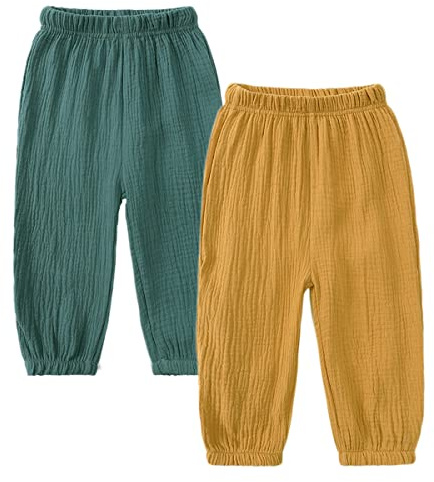 Confezione da 2 pantaloni estivi unisex per bambini, in cotone e lino, leggeri, traspiranti, anti-zanzare, pantaloni casual