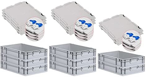 PROREGAL SuperSparSet 8x Eurobox NextGen Grip mit Scharnierdeckel und blauen Schiebeschnappverschlüssen, HxBxT 12x40x60cm, 23 L, Grau, Griffe geschlossen, Eurobehälter, Transportbox