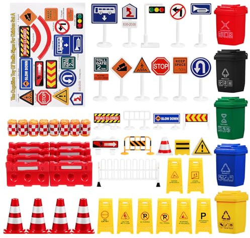 105PCS Mini Traffic Road Signs Set Mini Traffic Cones Construction Toys Miniature Trash can Light Crosswalk Signal Roadblocks Street Playset for Safety Education Plaything