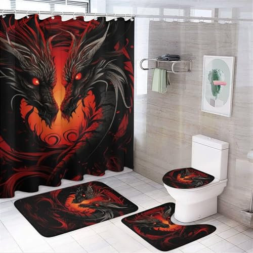 4-teiliges Duschvorhang-Set mit coolem Drachen-Motiv, Vintage, geheimnisvolles Feuerrot, Badezimmer-Dekor-Set mit Teppichen, Badezimmer-Zubehör-Set, Badezimmer-Vorhang, Dusch-Set mit 12 Haken