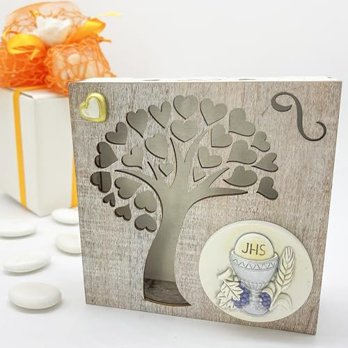 Doni Bomboniere BOMBONIERA Comunione Bambina Gadget Legno Prima Comunione Bambino Sacramento Albero della Vita Luce LED Simboli Calice Ostia Economico Legno Wood Idee Fai da Te Scatola Regalo
