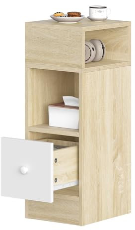 eSituro Narrow Bedside Table with 2 Open Compartments and 1 Drawer, Light Woodlook Nightstand 25x30x66 cm, Space Saving Cabinet Night Table for Bedroom Living Room, Wooden, SBT0002