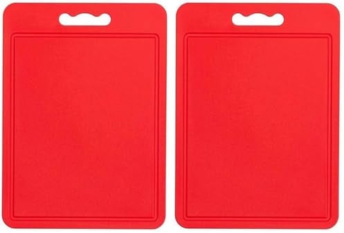 Chef Aid Red Poly Chopping Board, Multipurpose Anti-Slip Surface, Easy Clean and Dishwasher Safe with Handle, 35 x 25cm, Other Colour Options Available (Pack of 2)