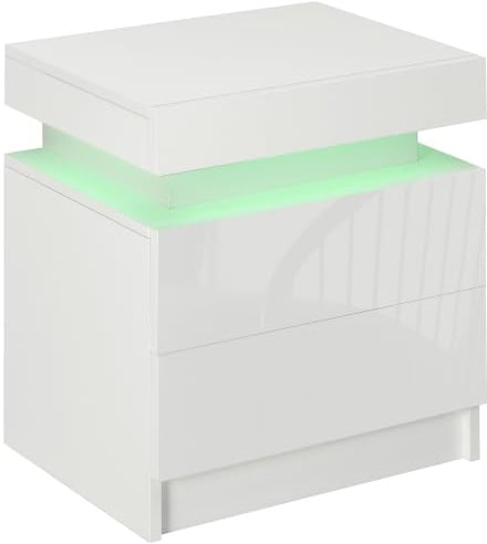 HOMCOM High Gloss Front Bedside Table APP Control RGB LED White | Nightstand, 2 Drawers, Chest of Drawers, Bedroom, Living Room