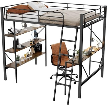 Moimhear Bettgestell Metallbett 90x200cm, Eisenbett, Hochbett mit Schreibtisch und DREI großen Ablagen für Kinder, Jugendliche und Erwachsene (Schwarz)