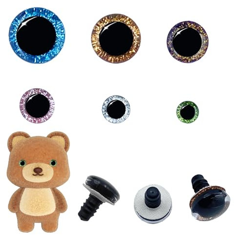 YNR 60 Stück 10-20mm Sicherheitsaugen für Amigurumi,Puppenaugen mit Unterlegscheibe Glitzernde Kunststoff-Sicherheitsaugen zum Basteln Häkeln Stofftieraugen für DIY Bastelarbeiten Tieraugen