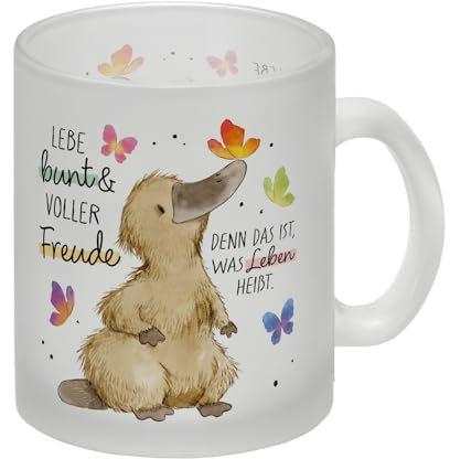 Schnabeltier Glas Tasse mit Spruch Lebe bunt und freudig Positiv durchs Leben Glücklich wie die Schnabel-Ente