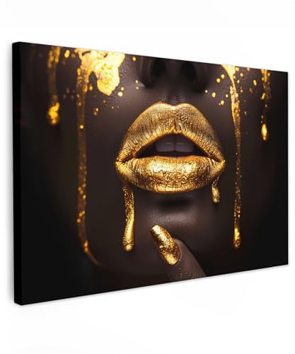 MuchoWow© Wandbilder Groß 120x80 cm XXL Schlafzimmer Home Deko Wohnung Bild Wohnzimmer Fotoleinwand Wand Bilder Leinwand Wall Decor Frau - Gold - Lippen - Luxus - Porträt
