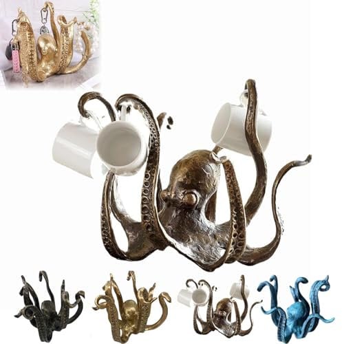 Octopus Mug Holder, Octopus Coffee Mug Holder, Octopus Mug Holder For Counter Top, Octopus Cup Holder, Retro Resin Octopus Desktop Statue (Color : Copper)