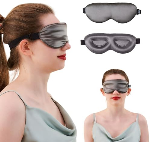 PROMEED Adjustable 100% Mulberry Silk Sleep Mask 23 Momme, 3D Contoured No-Pressure Cup Eye Mask for Sleeping, Super Soft Breathable Blindfold, Perfect Blocks Light for Sleeping (Grey)