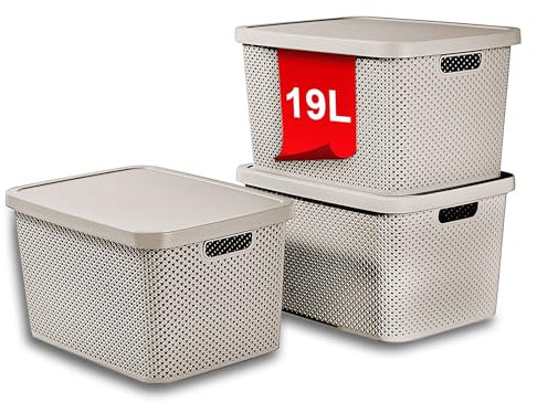 astor24 PREMIUM 3er XXL Set Aufbewahrungsbox Korb mit Deckel Organizer Ideal für Büro,Kleiderschrank, Schrank, Küche & Haushalt (Cafe Latte, 3er Set 19 Liter)