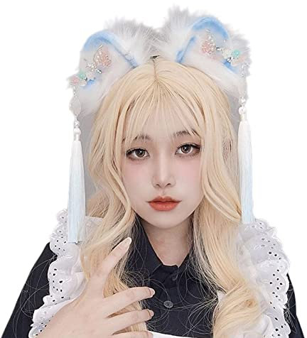 Haarreif mit Cartoon-Katzenohren, mit Fransendekor, chinesischer Haarhalter, Cosplay-Party, Kopfbedeckung für Teenager, Erwachsene, Haarreifen für Damen, niedlich, Cartoon-Tiere, ohrförmig,