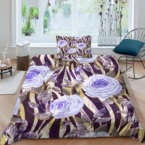 OJBKOBACC English Roses Zebra Skin Duvet Cover Comforter Covers Quilt Cover 3D Print for Teens And Adults Soft Microfiber Pillow Cases Bedding Set with Zipper Closure 2 Pieces Single（135x200cm）