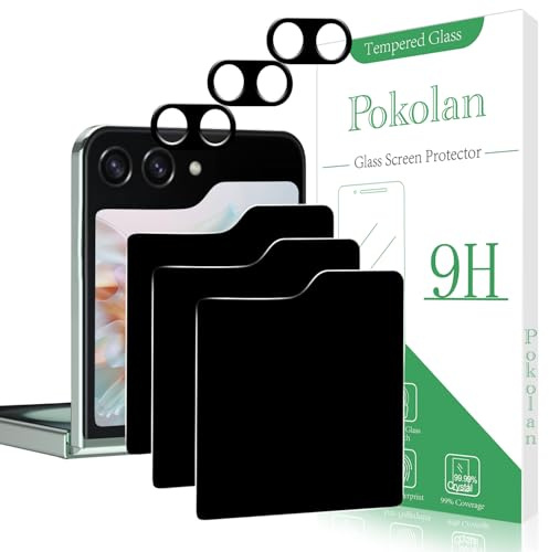 Pokolan Lot de 3+3 Verre Trempé Anti Espion pour Samung Galaxy Z Flip 6 | Film Protection écran Confidentialité et Caméra Arrière Protecteur, Anti-Empreinte, Dureté 9H, HD Vitre Protecteur
