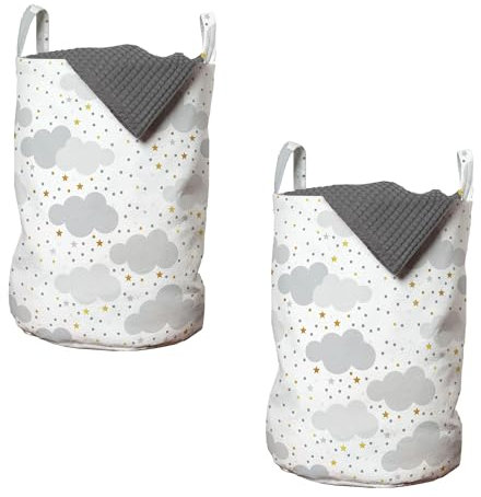 ABAKUHAUS Wolken Wäschesack 2er Pack, Dreamy Himmel mit Punkten Sterne, Wäschekorb mit Griffen und Kordelzugverschluss, Zweierpack 33cm x 50cm, Hellgrau Blasser Kaffee