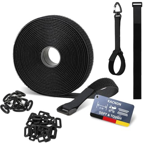 KACNON 5m x 2cm Klettband, Wiederverwendbar Klett Kabelbinder mit 25 Metallschnalle und 5 Dreiecksschnalle, Frei Zuschneidbar/Wiederverschließba, für Kabelmanagement,Gartenarbeit,Werkstätten,Schwarz