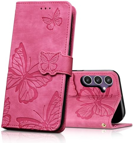CXTcase Handyhülle für Samsung Galaxy S24 FE Hülle,Schutzhülle,Rosenrot | Flip Case,PU Leder Magnetische Schmetterlings Lederhülle Tasche für Samsung Galaxy S24 FE