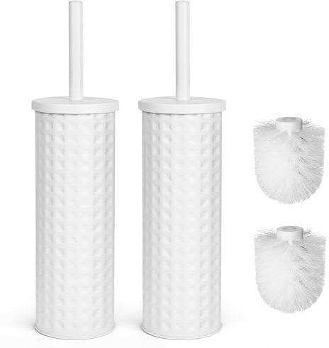 2 Pack White Toilet Brush with Holder - Stainless Steel Toilet Brushes & Holders Set for Bathroom, Hygienic Loo Brush and Holder, Toilet Bowl Cleaner & Toilet Brush Set (Textured)