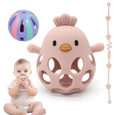 Beißring & Rassel für Babys - Sensorik Spielzeug ab 0 Monate, Zahnungshilfe & Greifball - Geschenk für Jungen & Mädchen chicken (PINK)