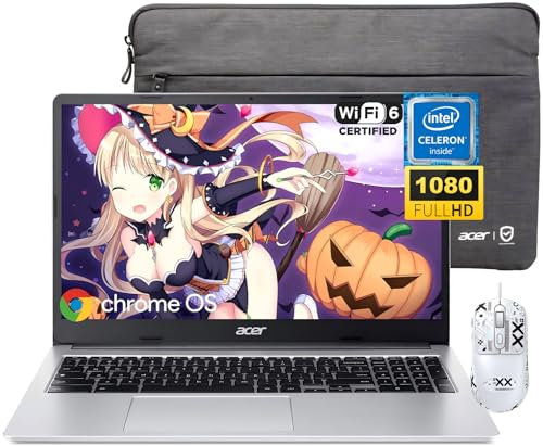 acer Chromebook 315 Laptop, 15.6 FHD Display, Intel Celeron N4500, 4 GB RAM, 64 GB eMMC + 256 GB Card, WiFi 6, HD Webcam, Chrome OS, Nonslip Mouse & Protective Sleeve, for College Student & Business