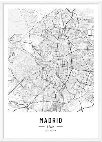 JUNOMI® Madrid Poster DIN A4 mit Rahmen Weiß, DIN A4 Wohnzimmer Deko, Modernes Wandbild, Madrid Bild, Wandbild mit Rahmen, Stadtplan Poster Madrid, perfekte Geschenkidee für Madrider