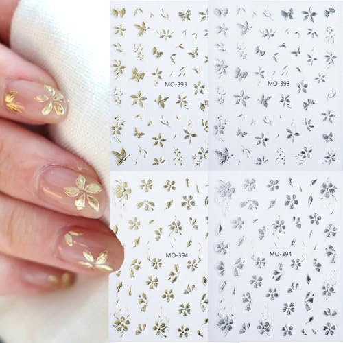 Kabwea 4 Pcs 3D Embossed Nail Stickers (2 Gold + 2 Silver), Easter Nail Decals, Nail Art